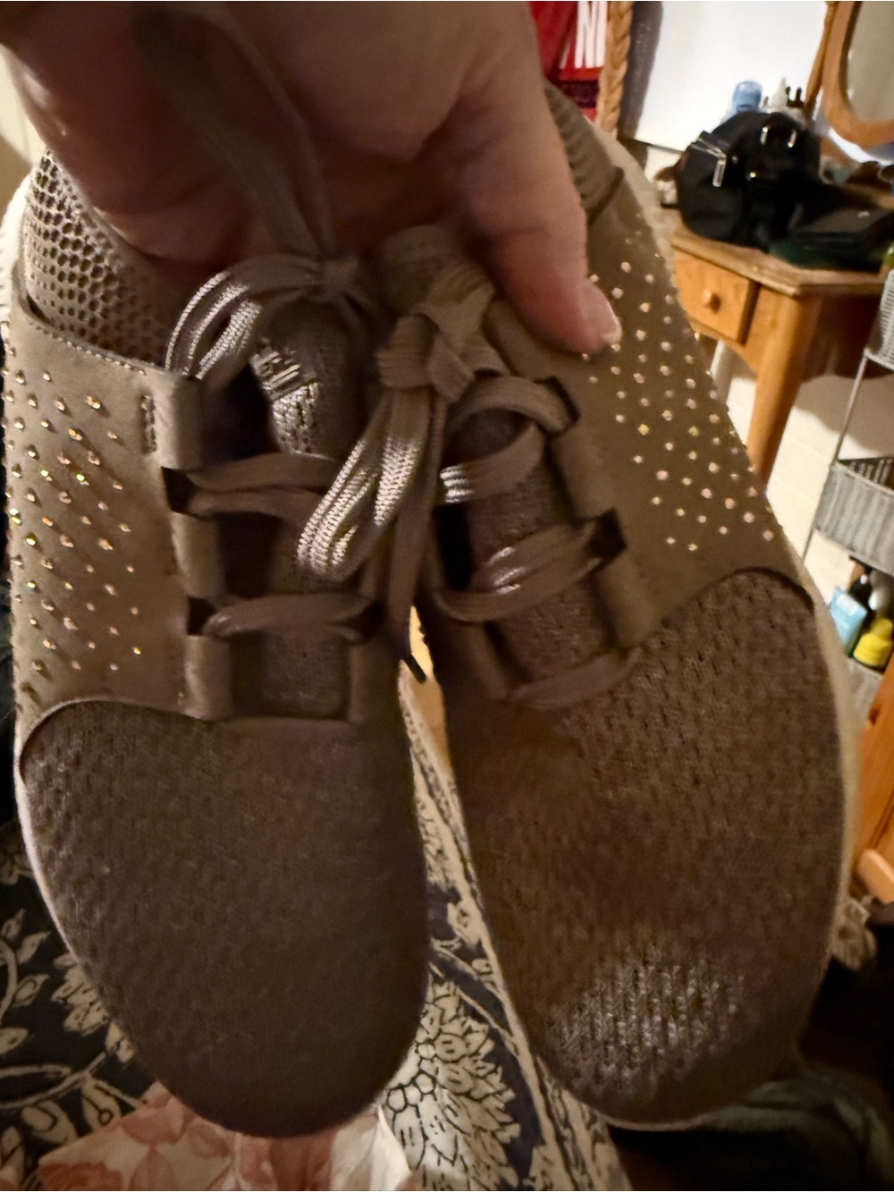 Skechers Taupe Knit Lace-Up Sneakers with Stud Details